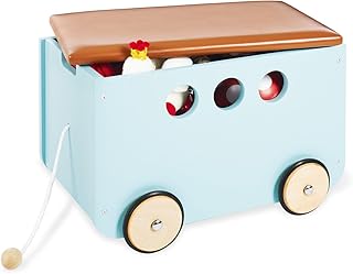Pinolino Spielzeugkiste Jim, aus Holz und Kunstleder, mit Zugschnur und gummierten Holzrädern, Deckel abnehmbar, ab 3 J., mint lackiert/Kunstleder braun