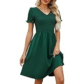 EeYu Women's Summer Dress Casual Short Sleeves V-Neck Flowy Smocked Knee Length Dresses with Pockets
