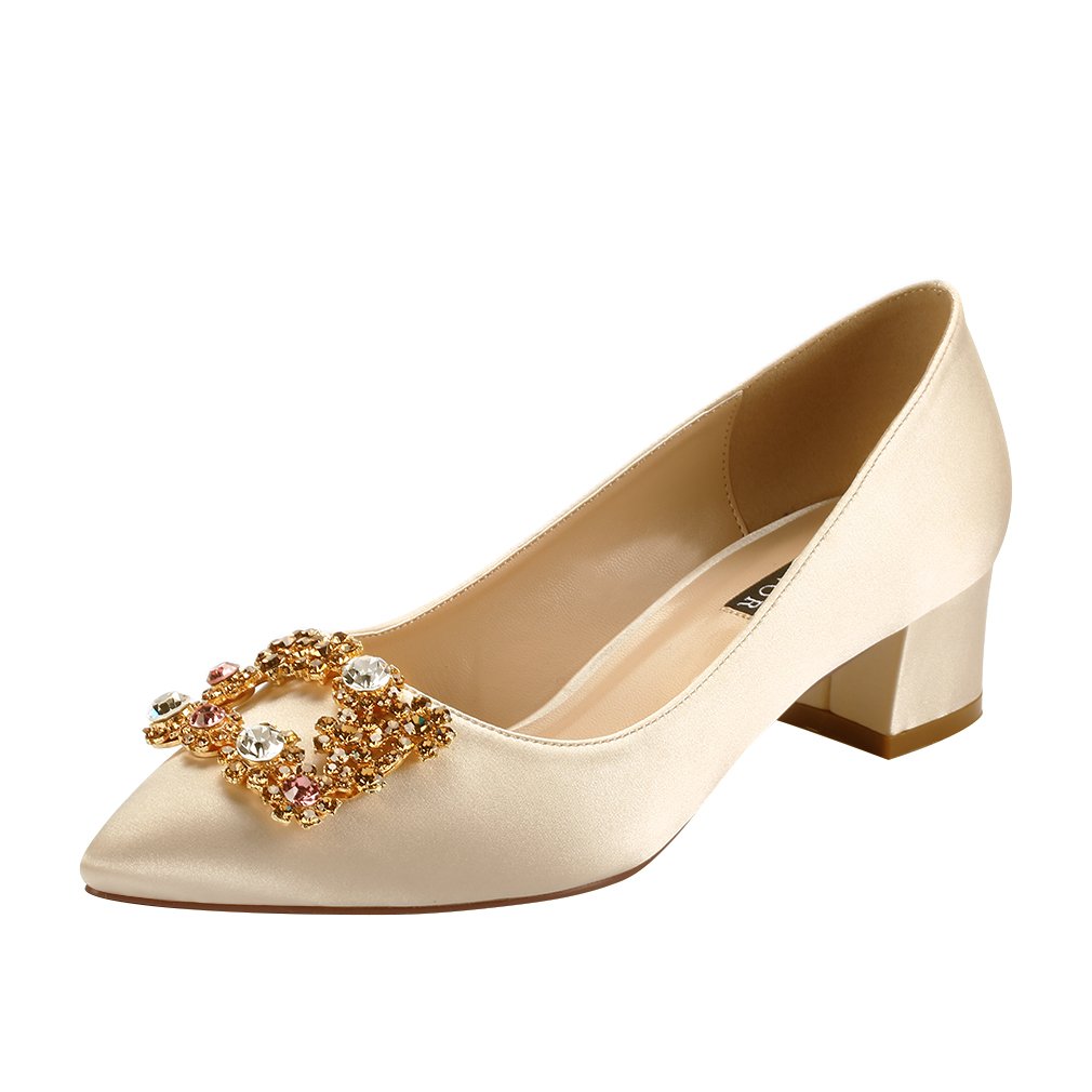 ERIJUNOR Women Comfort Low Heel Closed Toe Rhinestone Wedding Evening Satin Shoes