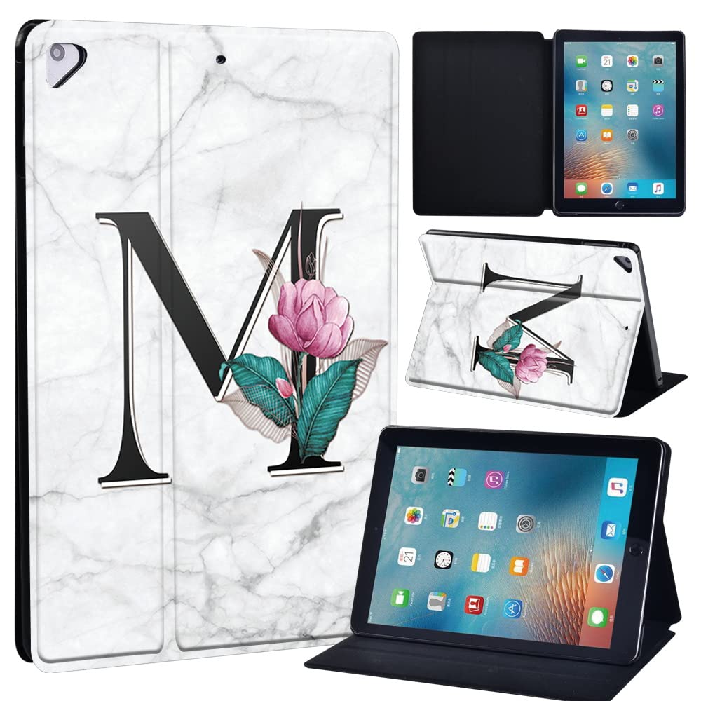 Initial Letter Leather slim lightweight Stand Cover Case for Apple New iPad 9.7 2018 2017(6th Gen, 5th Gen)/iPad Air 2/iPad Air/iPad Pro 9.7 Tablet with Auto Wake/Sleep (whitemarbleM)