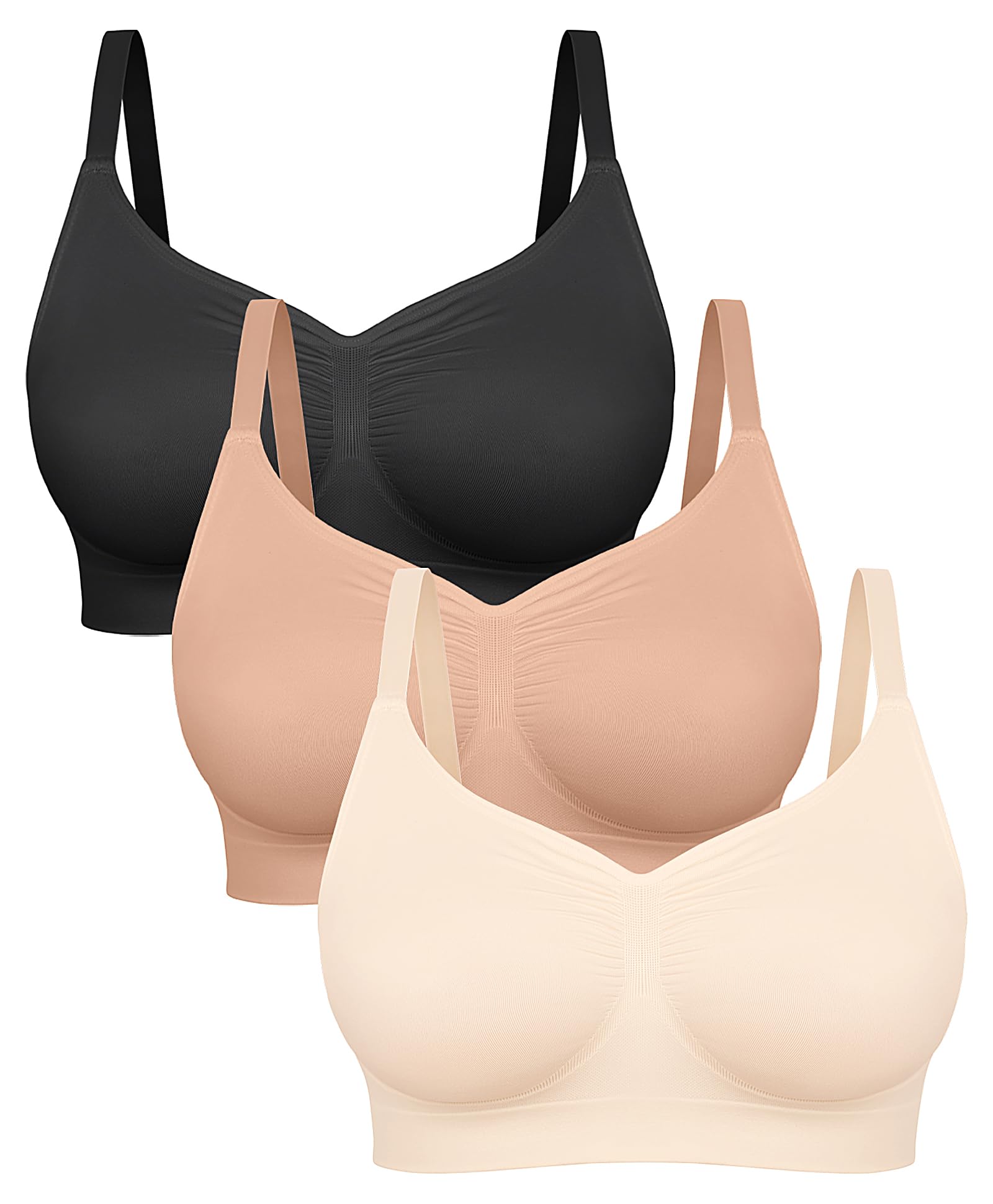 Photo 1 of FeelinGirl Womens Wireless Full Coverage Bra Seamless Bralette 3-Pack (Black/Nude/Beige,X-Large)