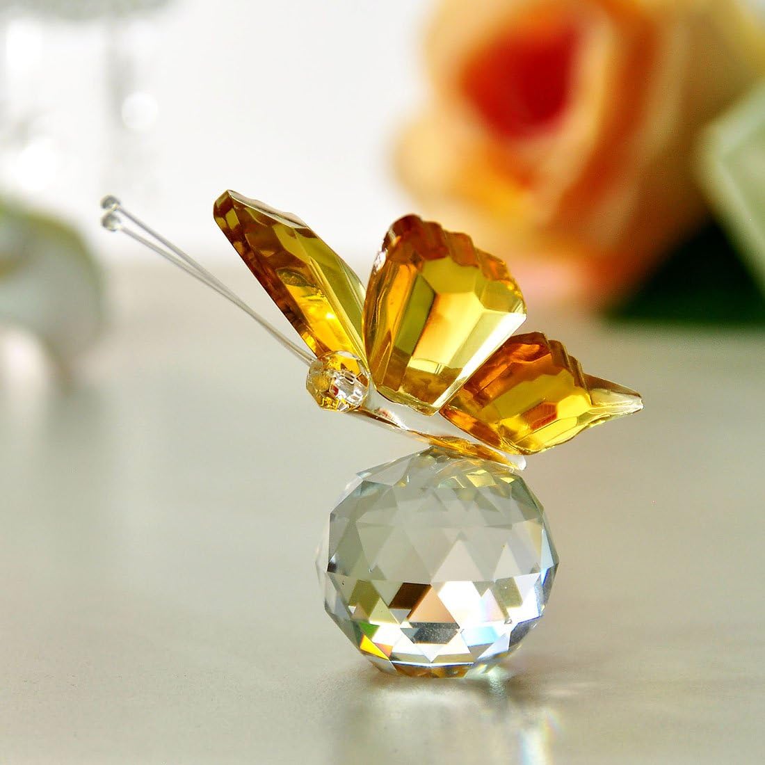 H&D Crystal Flying Butterfly with Glass Ball Base Figurine Table Ornament Statue Animal Collection(yellow) - Image 4
