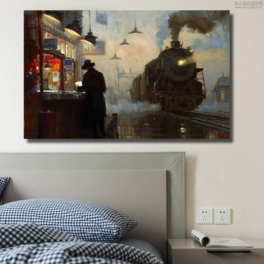 xuxiaojie Train Steam Locomotive Painting Canvas Print Wall Pictures for Living Room Office Posters and Prints 60x90cm -No Frame