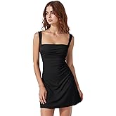 Zeflows Womens Square Neck Sleeveless Tank Top Bodycon Dresses Backless Ruched Wide Shoulder Straps A-line Mini Dresses
