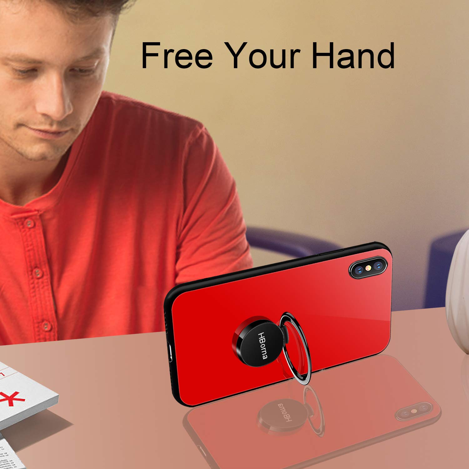 Coque iPhone X, Coque iPhone 10 avec Béquille Porte-Anneau, 9H Couverture Arrière en Verre trempé et TPU Bupmer Anti-Scratch Housse pour iPhone X (Rouge)