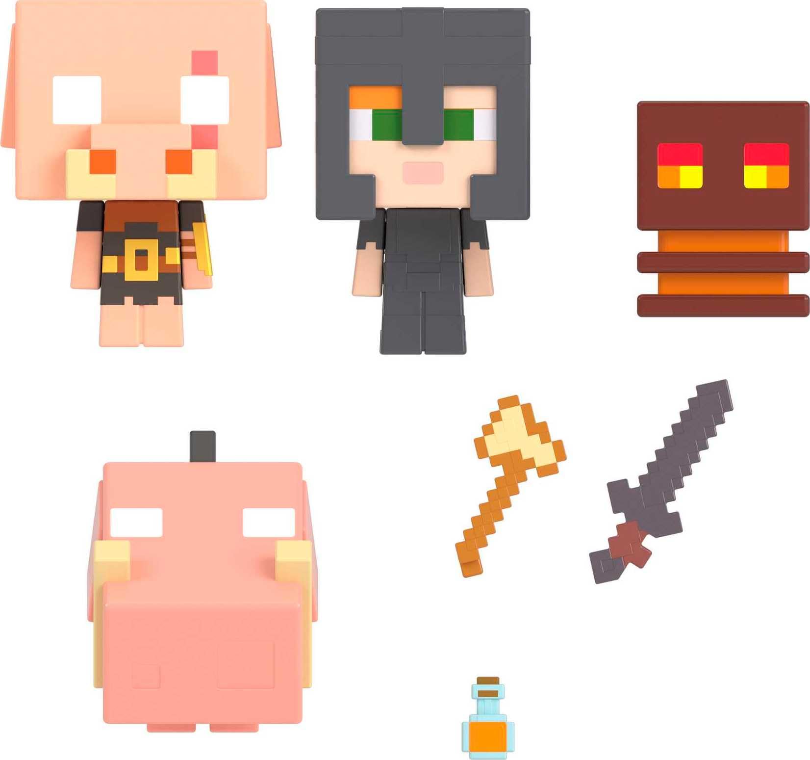 Minecraft Toys | Mob Head Mini Set with 4 Figures and Accessories | Nether Fire Battle Set | Collectible Gifts for Kids, HKR59