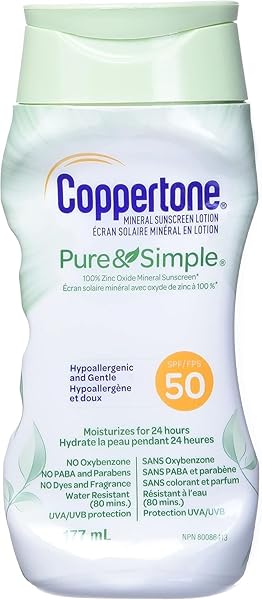 COPPERTONE PURE AND SIMPLE ZINC OXIDE MINERAL SUNSCREEN LOTION SPF 50, WATER RESISTANT SUNSCREEN FOR SENSITIVE SKIN, HYPOALLERGENIC AND FRAGRANCE FREE, 6 FL OZ BOTTLE