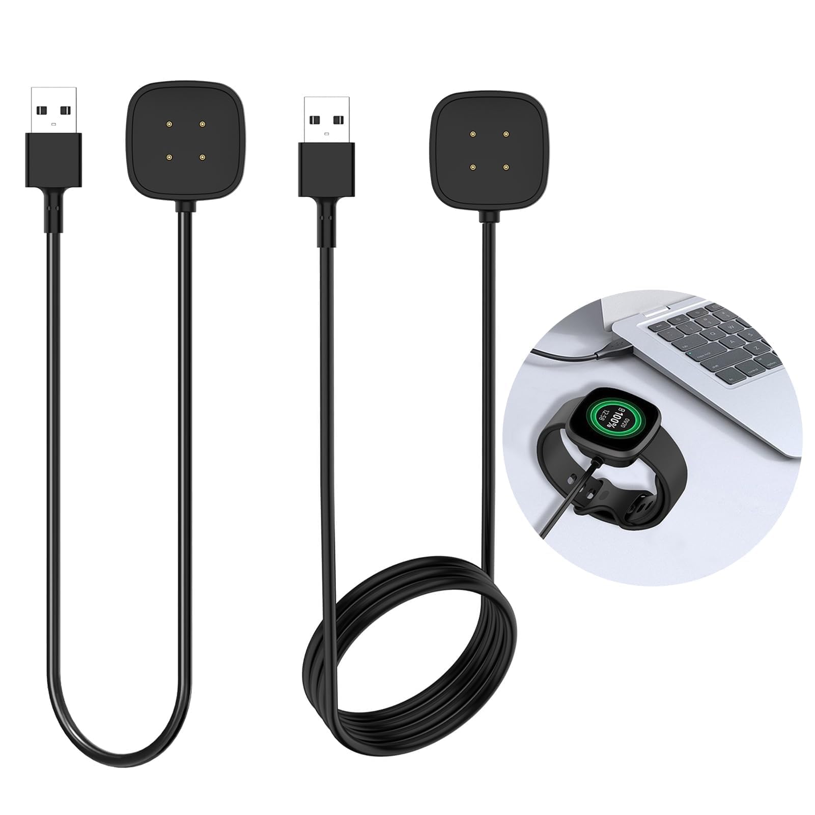 2 Pack Charger Cable for Fitbit Sense/Sense 2 / Versa 3 / Versa 4 Smartwatch Magnetic Charging Cable Replacement Fast Charging USB Wire for Fitbit Smart Watch Cord 3.3ft / 1ft