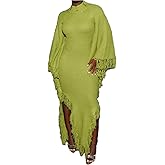 LETSVDO Women's Fringe Sweater Dress Long Sleeve Bodycon Batwing Knit Mock Neck Slit High Low Party Maxi Dresses