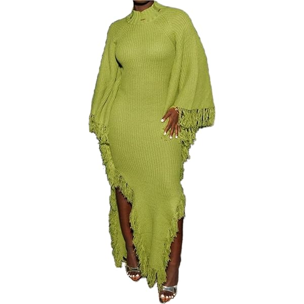 green knit long sleeve dress Green Off The Shoulder Fringe Long Sleeve Knit Dress main image 1