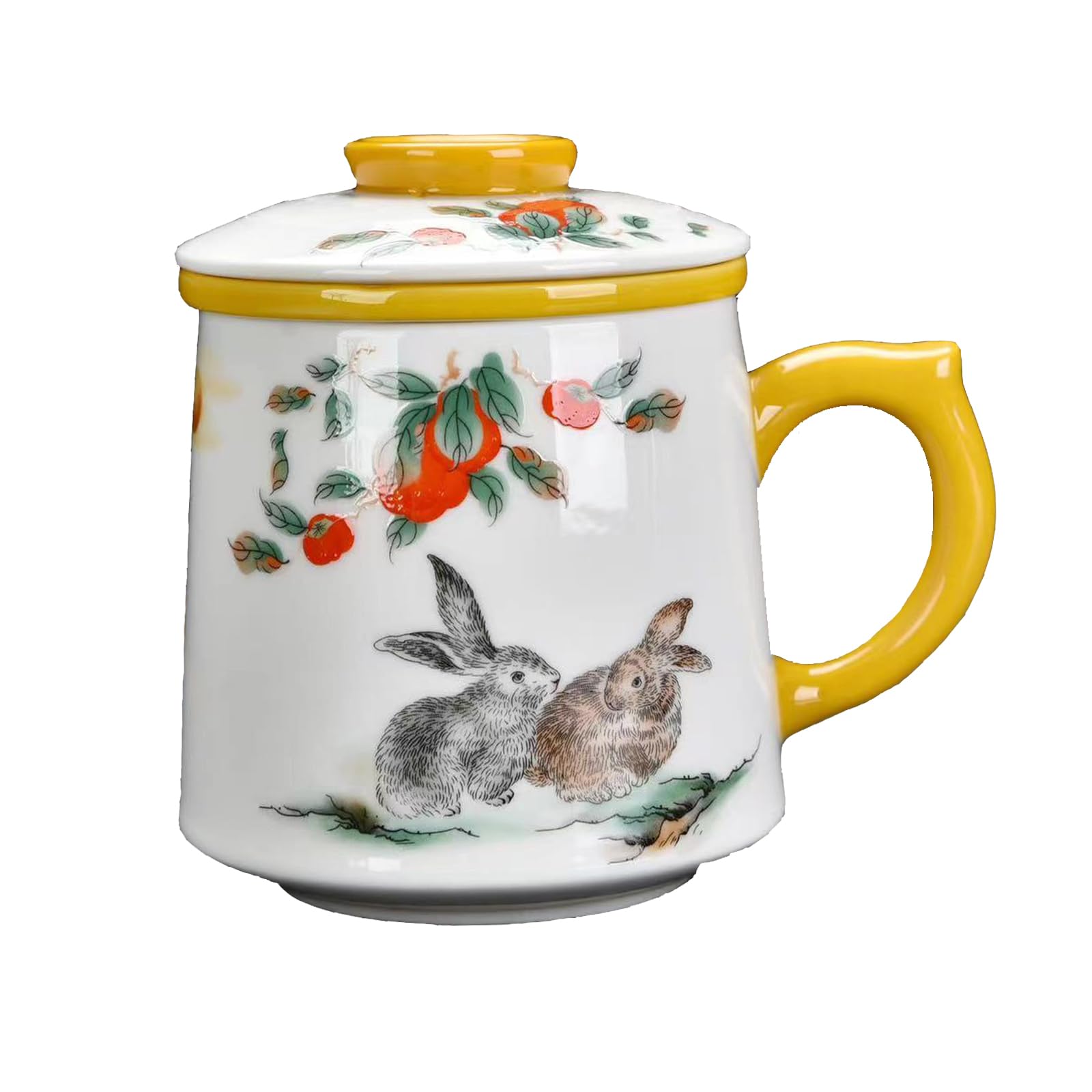 YURROAD Ceramic Tea Cup 3 in 1 Porcelain Tea Mug with Infuser/Lid/Handle Large Bone Mug 0.11gal/415ml Rabbit Pattern Tea Cup Gift for Women Personal Coffee Mugs Office/Home (White)-TC350