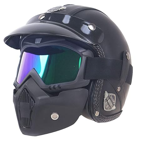 Vintage Harley 3/4 Jethelm, Jethelm Motorradhelm/E.C.E Standard mit Goggles-Maske und Sonnenblende PU-Leder herausnehmbares I