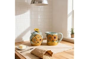 FORLONG Ceramic Hand-painted Van Gogh's Sunflower Sugar Bowl and Creamer with Handle, Set of 2