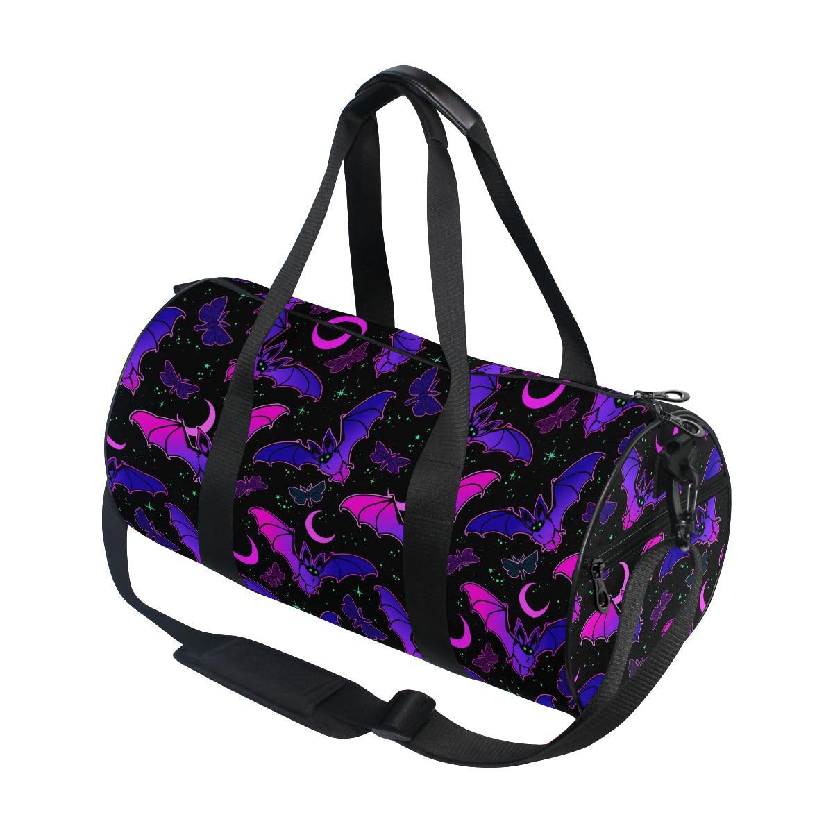ALAZA Gym Bag Travel Bag Womens Mens for Travel Sports Camping Yoga Swim, Purple Bat Gothic Small Round Foldable Duffle Bag with Shoulder Strap Top Handle