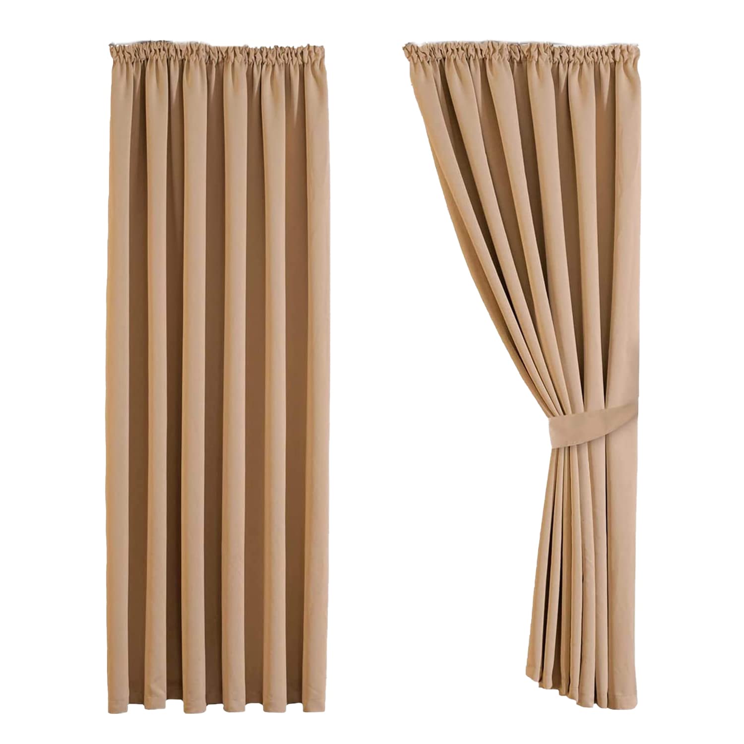 Aspire Homeware Blackout Curtains for Living Room - Pencil Pleat Beige Bedroom Curtains & Drapes 66x72 inch Drop Super Soft Thermal Insulated Window Black Out Curtain Drapes Pair Panel + Tiebacks — image 1