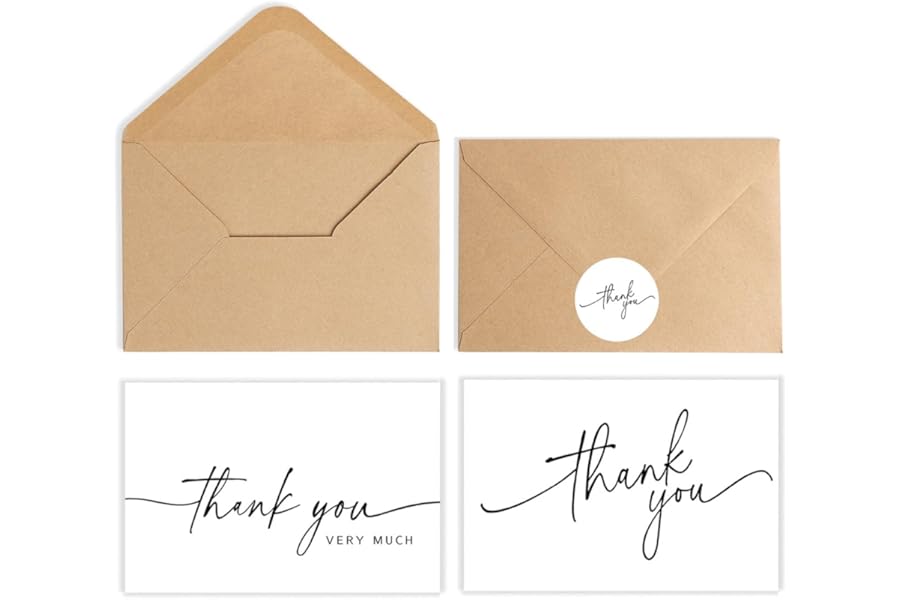 SPIRITDUST 52-pack Thank You Cards Bulk with Kraft Envelopes & Matching Stickers, 3.5x5 Inches, Minimalist Design | Perfect f