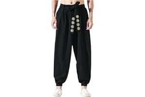 Finelylove Mens Casual Cotton Linen Pants Chinese Style Kung Fu Martial Arts Pants Tai Chi Baggy Harem Trousers