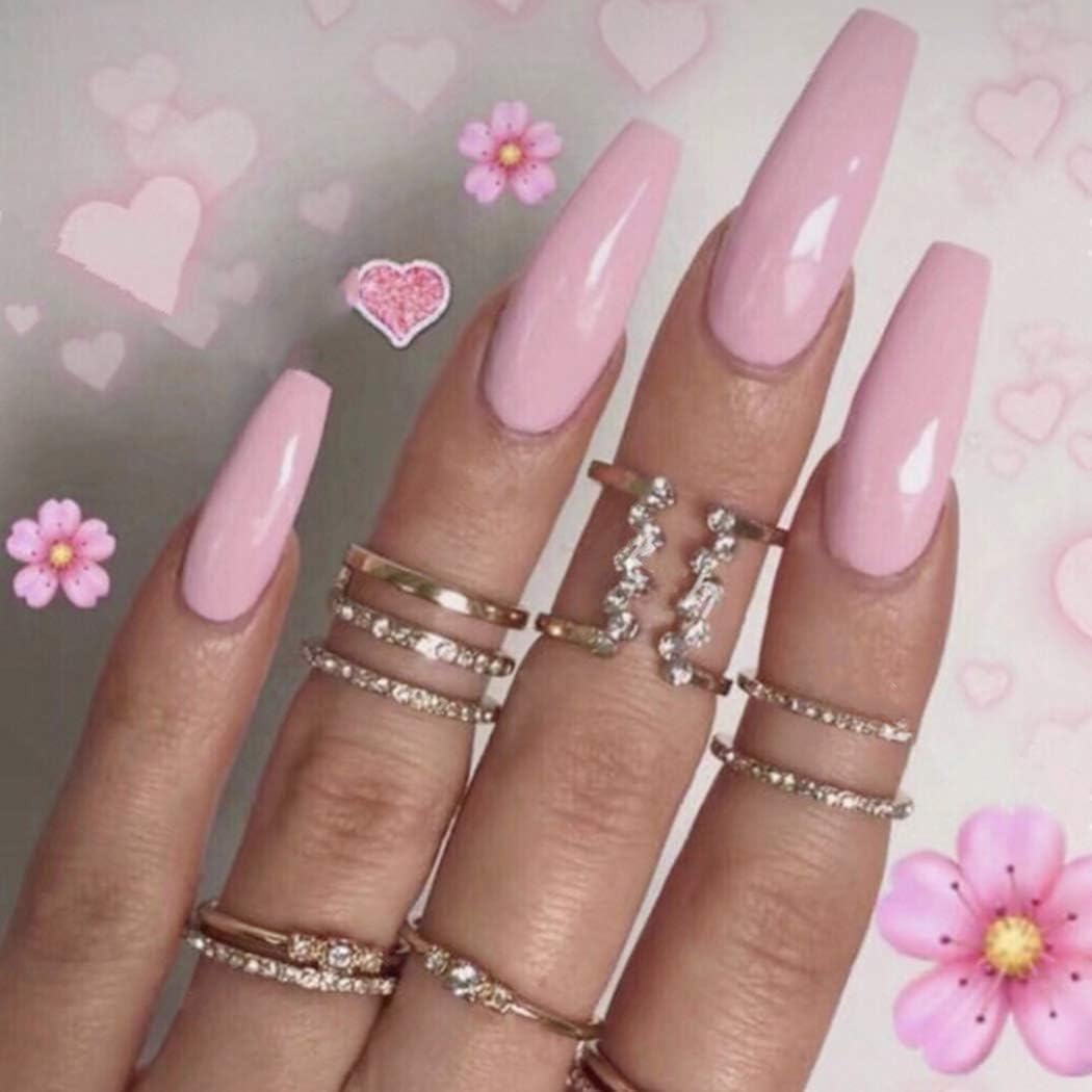 Sethexy 24Pcs Glossy Ballerina Pure Color False Nails Coffin Full Cover Bright Acrylic Art Nail tips For Women and Girls (Pink)