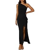 QZOOK Women's Summer Dresses Bodycon Sexy One Shoulder Side Slit Ruffles Elegant Prom Cocktail Wedding Guest Mesh Maxi Dress