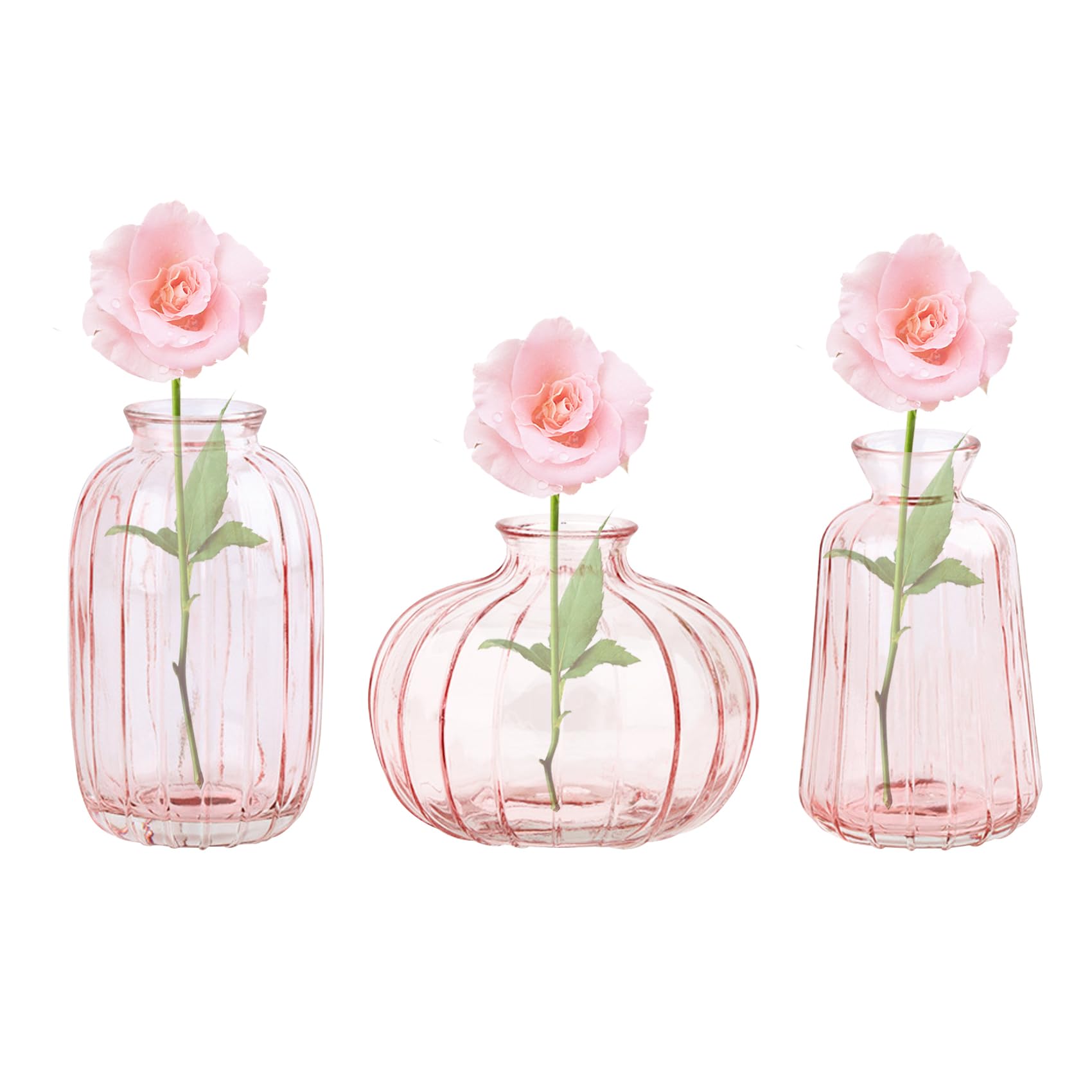 Nideen Set of 3 Glass Vases Small Vases for Flowers, Decorative Bud Vases for Table Decoration, Pink