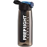 PREP-RIGHT Survival – 4-Stage Water Filter Bottle, BPA-Free 22oz Camping Water Bottle with Built-In Compass, Travel and Emergency Preparedness Gear, Black