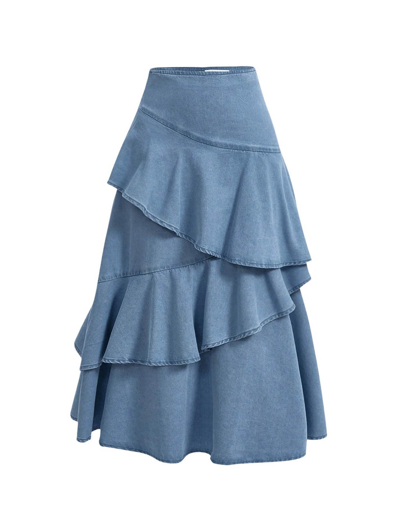 Photo 1 of SHENHE Women's Layered Ruffle Denim Maxi Skirt A Line High Waist Flowy Long Jean Skirt Light Wash Large