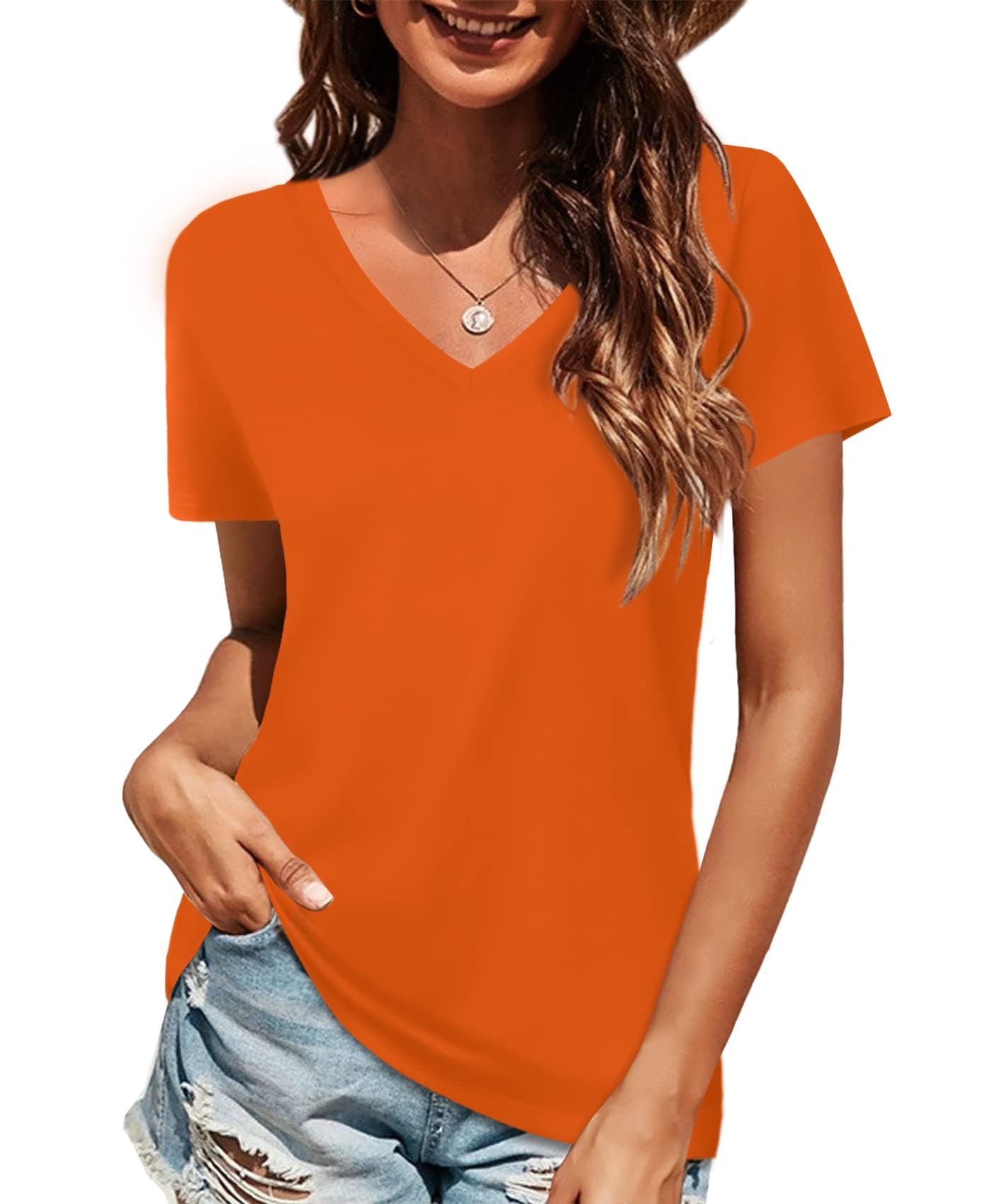 Elesomo Womens Tops Short Sleeve V Neck Cotton Summer Casual Tshirts ...