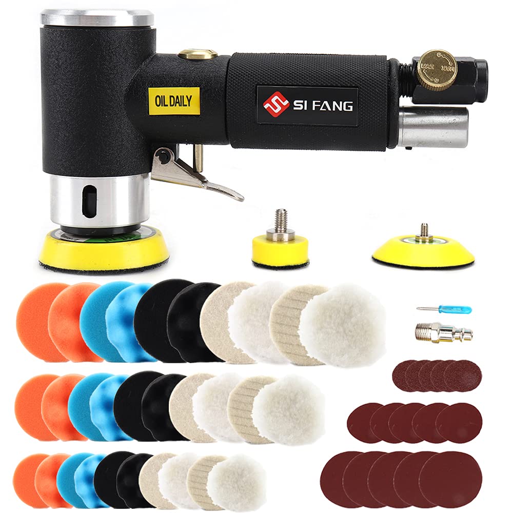 SI FANG 48Pcs Mini Random Orbital Air Sander Kit - 1'', 2'', 3'' High Speed Polisher for Auto Body Work - Includes Polishing Sponge & Wool Pads, Sandpapers (Black)