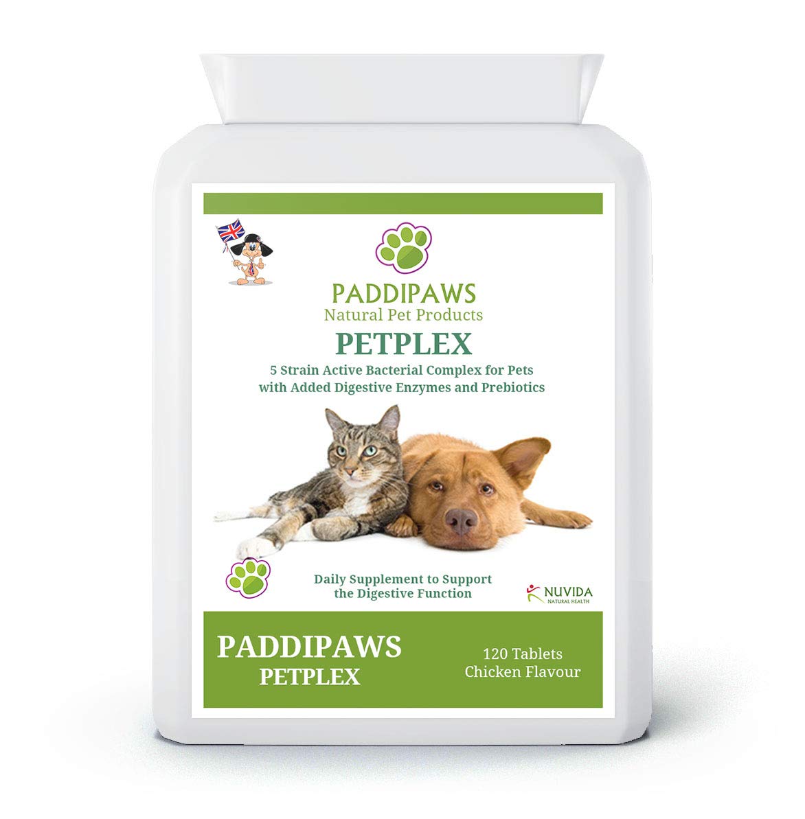 PaddiPaws Probiotic & Digestive Enzyme Tablets for Dogs & Cats – 5-Strain Live Cultures with Prebiotics – Supports Healthy Digestion, Gut Balance & Skin – Chicken Flavoured