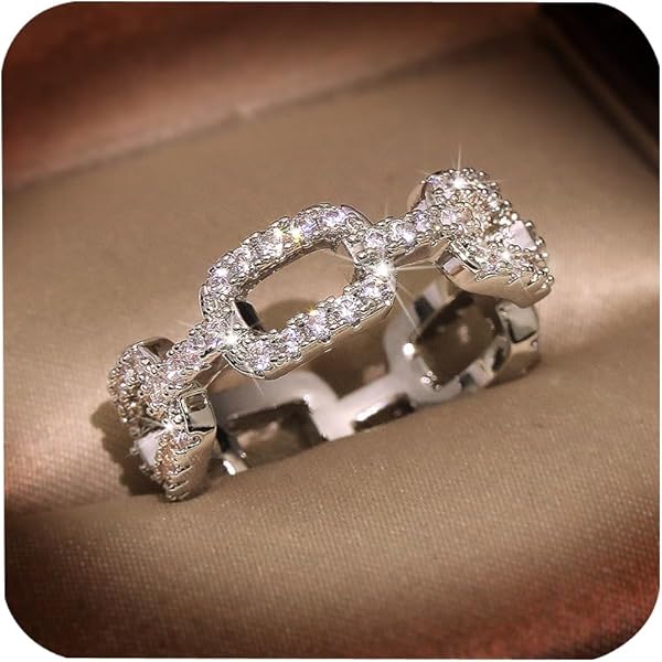 Moissanite Chain Link Wedding Band - Sterling Silver Twist Ring Half Eternity Stackable Size 4-11