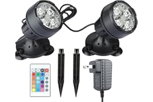 SHOYO Underwater Pond Lights RGB LED Outdoor Spot Lights, IP68 Waterproof Color Changing Spotlights Garden Lawn Fountain Light, Decorate Pool Pond Tree Flag Landscape Lighting with Spiked Stand, 2 in Set