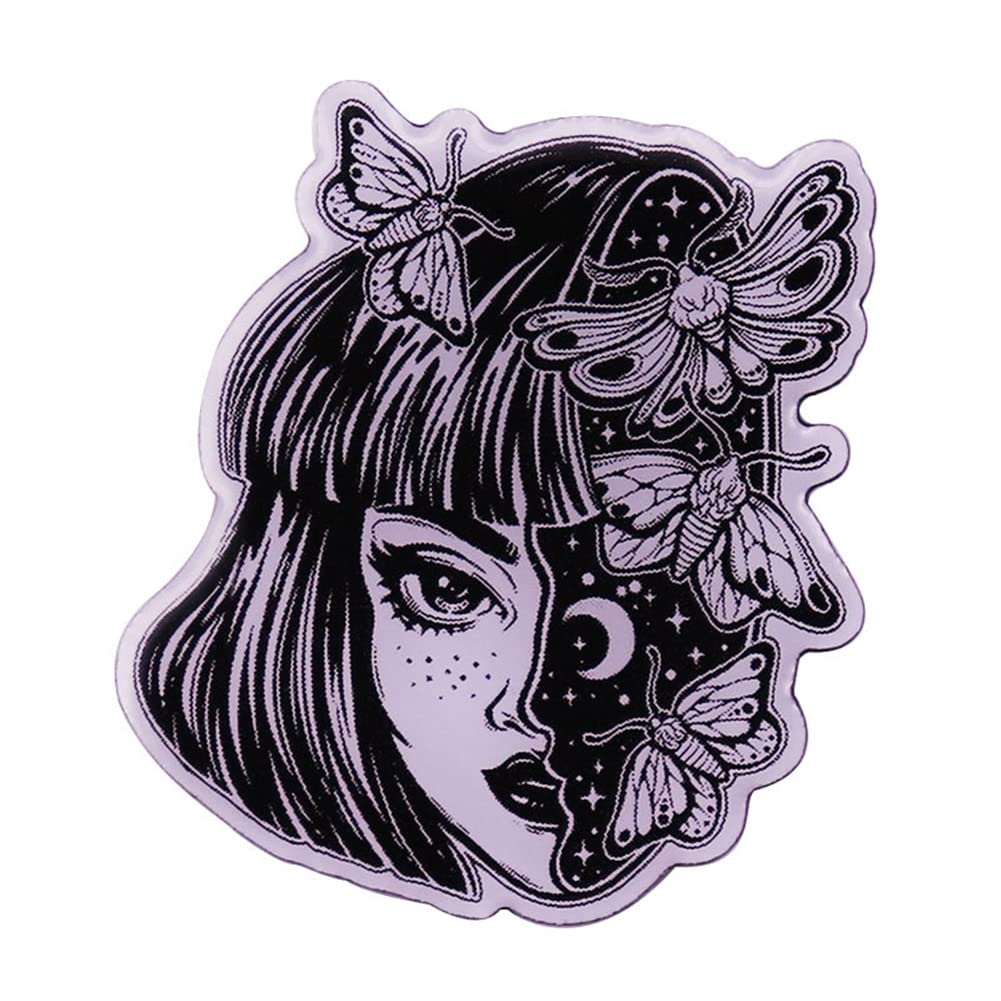 Cartoon Black Butterfly Half Girl Face Enamel Pin Japanese Horror Mangaka Brooch Bag Clothes Lapel Pin Badge Punk Cool Goth Jewelry Gift for Women Girls