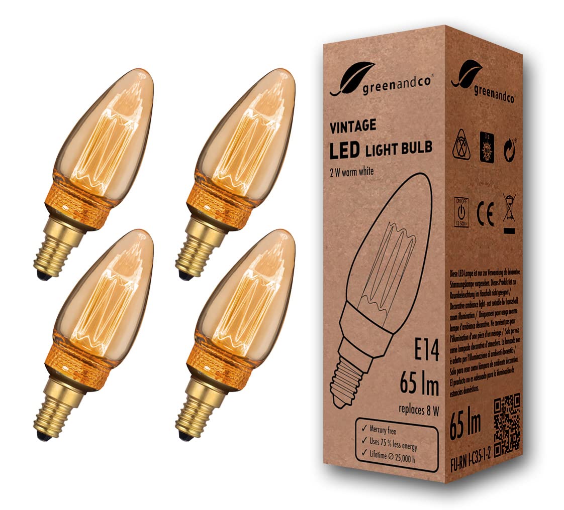 greenandco 4X Decorative LED Vintage Light Bulb | E14 C35 | Amber | 2W 65lm | 1800K Extra Warm White | 320° | 230V | Flicker Free | Not Dimmable