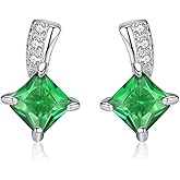 Bellitia Jewelry Hypoallergenic Gemstone Stud Earrings, 925 Sterling Silver Brilliant Emerald & CZ Diamond Earrings, Posts Nickel Free, Princess Earrings Green Color for Women Wife Mother