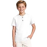 Auranso Boys Henley Short Sleeve Shirts Kids Cotton Casual T-Shirt Button Front Solid Tops Tees Summer Clothes