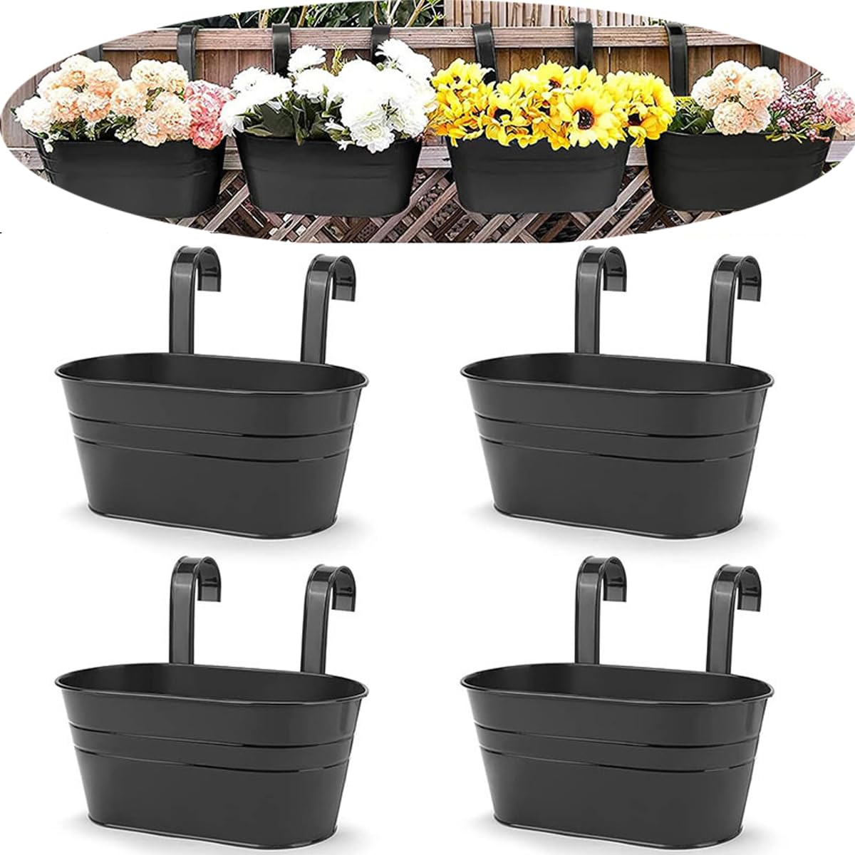 BSTMOME 4 Pack Hanging Flower Pots, Garden Pots Balcony Planters, Metal Bucket Flower Holders Wall Hanging Decor Pot with Detachable Hooks for Railing Fence Balcony (Black)