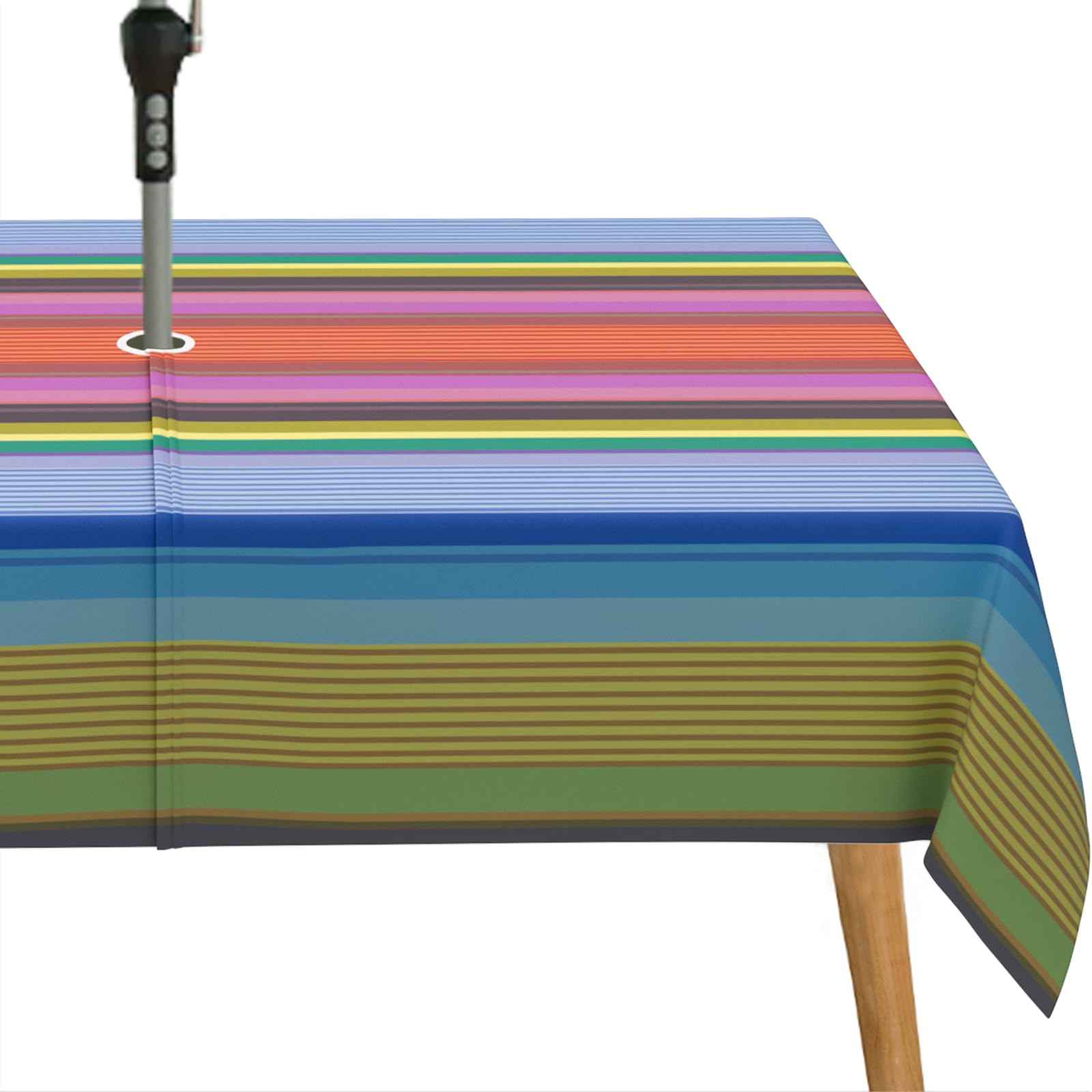 Photo 1 of bnhjsdw Strips Print Outdoor Tablecloth with Umbrella Hole for Rectangle Table, Waterproof Colorful Patio Table Cloth with Zipper - 60 x 84 inches