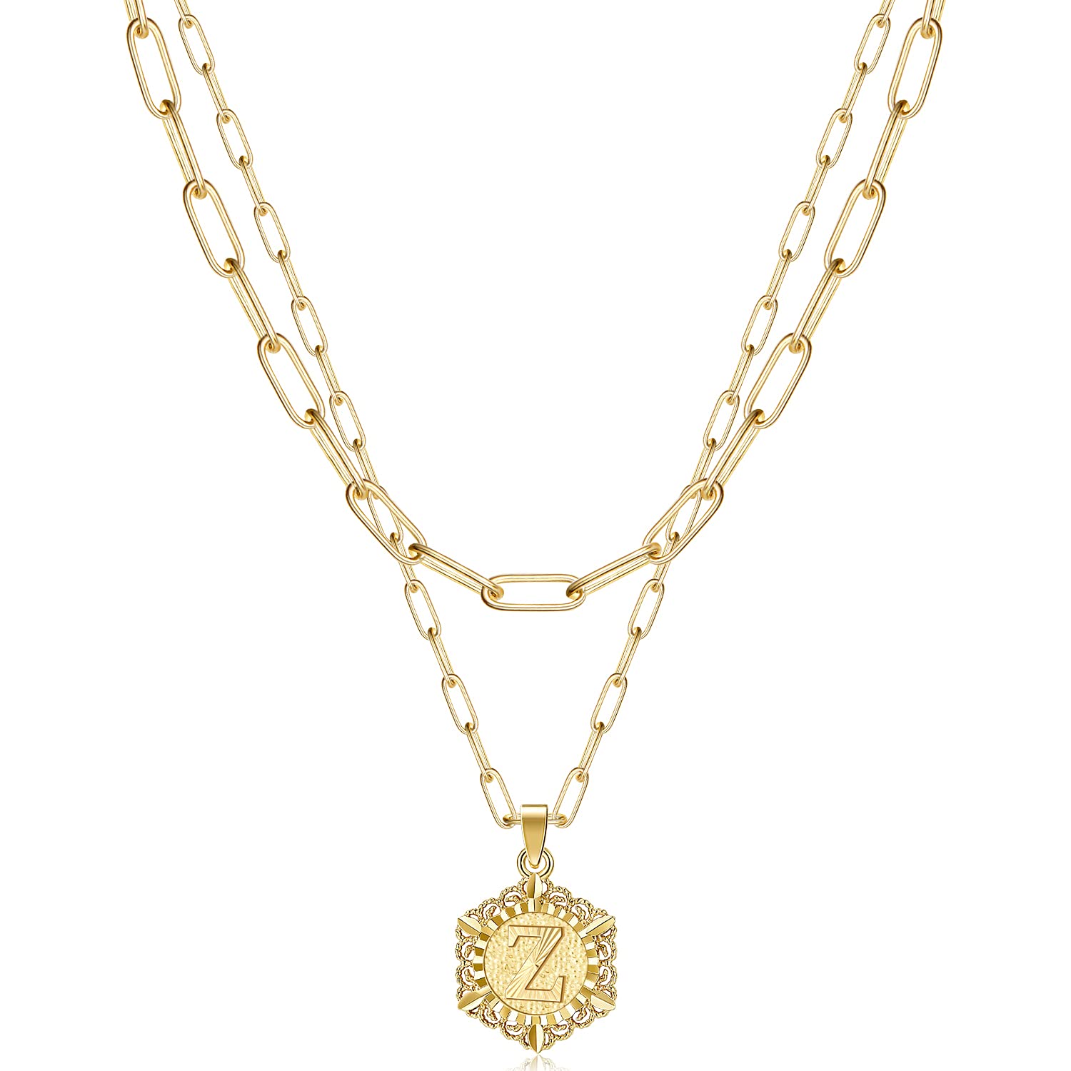 KissYan Initial Necklaces for Women, 14K Gold Plated Hexagon Letter Pendant Silver Chain Dainty Layered White Gold Paperclip Link Adjustable Capital A-Z Choker Necklace Trendy Jewelry Gifts