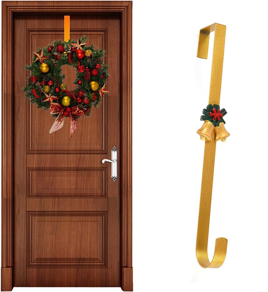 Wreath Hangers - Juephe Wreath Hanger, Heavy Duty Wreath Door Hanger for Front Door, Metal Wreath Hook Holder Over The Door Hanger Wreath Holder for New Year Christmas Decorations (Golden)