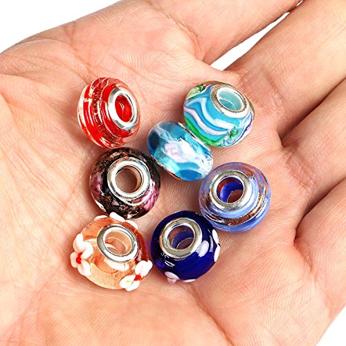 Naler 50PCS Spray Painted Glass European Beads with Silver Brass Cores Large Hole Beads, Mixed Color - Thumbnail 2