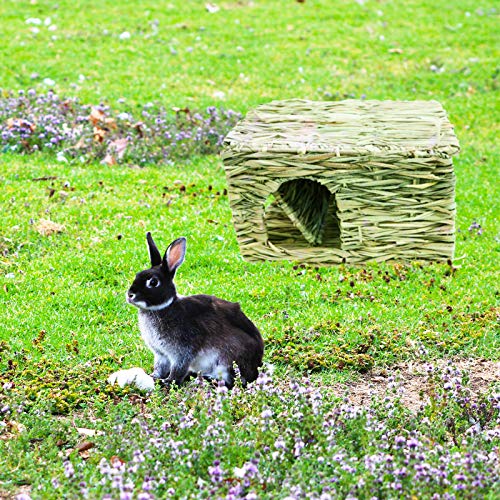 Grashaus-Grasmatten-Set, 1+2 Stück Faltendes Strohhaus mit 2 Grasmatten, Nagerhaus Heuhaus - Natürliches Kleintier zubehör für Kaninchen, Hasen, Meerschweinchen, Hamster und andere Kleintiere (XL)