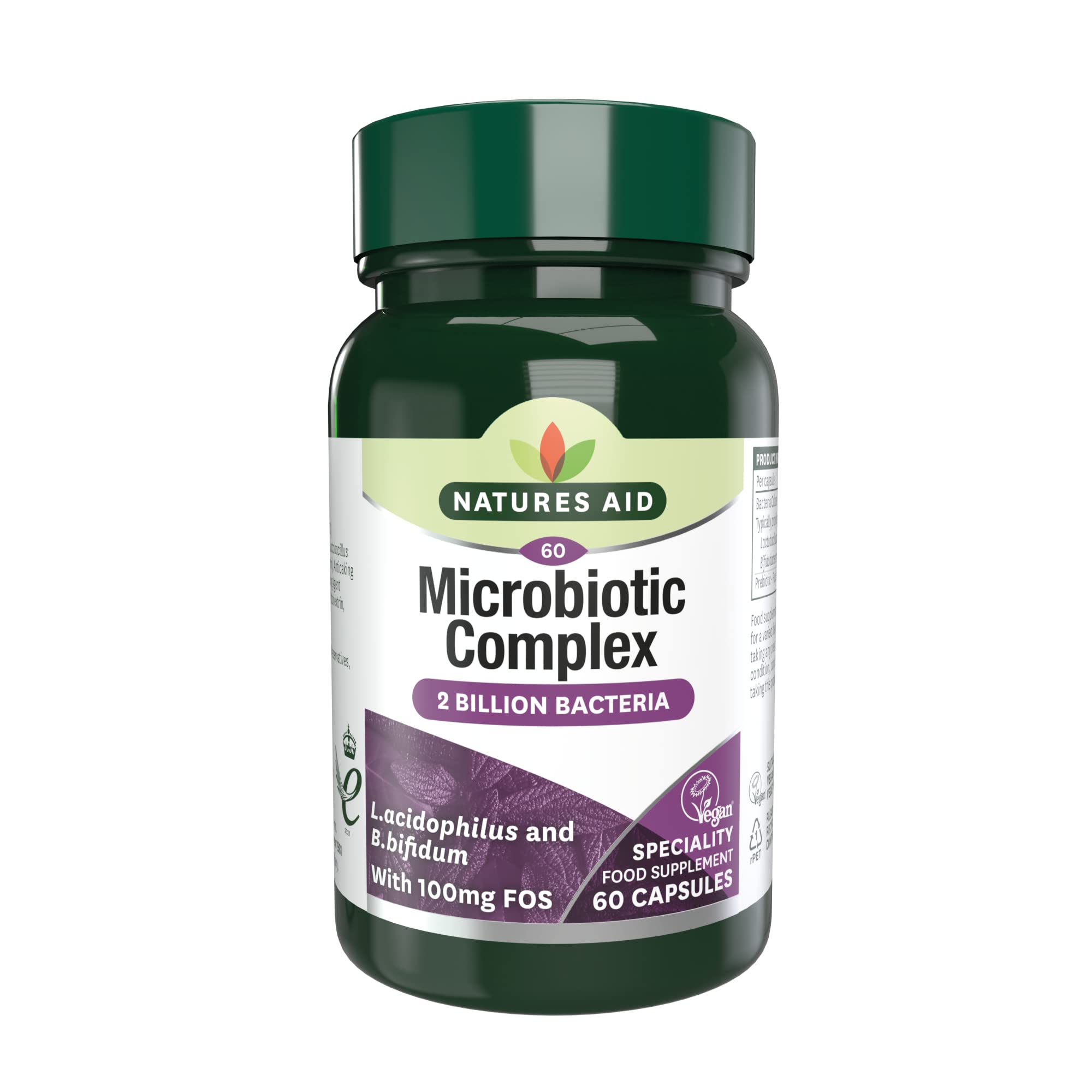 Natures Aid Microbiotic Complex – Digestive Friendly Bacteria Supplement Gut Health Support – High Strength Lactobacillus Acidophilus – Vegan, Vegetarian, Non-GMO, Gluten Free - 60 Capsules