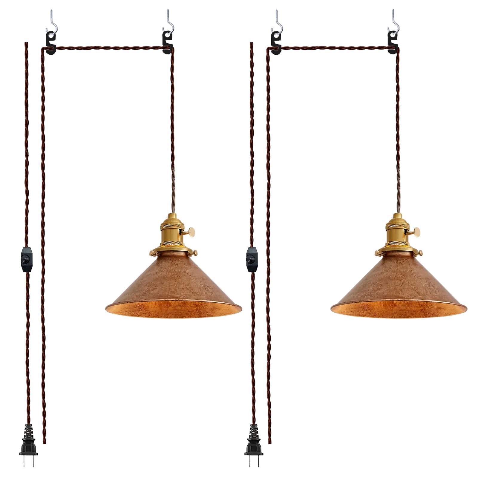 Photo 1 of Oyisen Plug in Pendant Light 8.2 Inch Rusted Copper Shade Vintage Industrial Design On/Off Switch 14Ft Adjustable Cord Hanging Lamp Plug in for Living Room,Bedroom Hanging Light 2 Pack