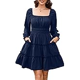 Amoretu Women’s Square Neck Long Sleeve Dress Tiered Ruffle A-Line Flowy Mini Dresses with Pockets
