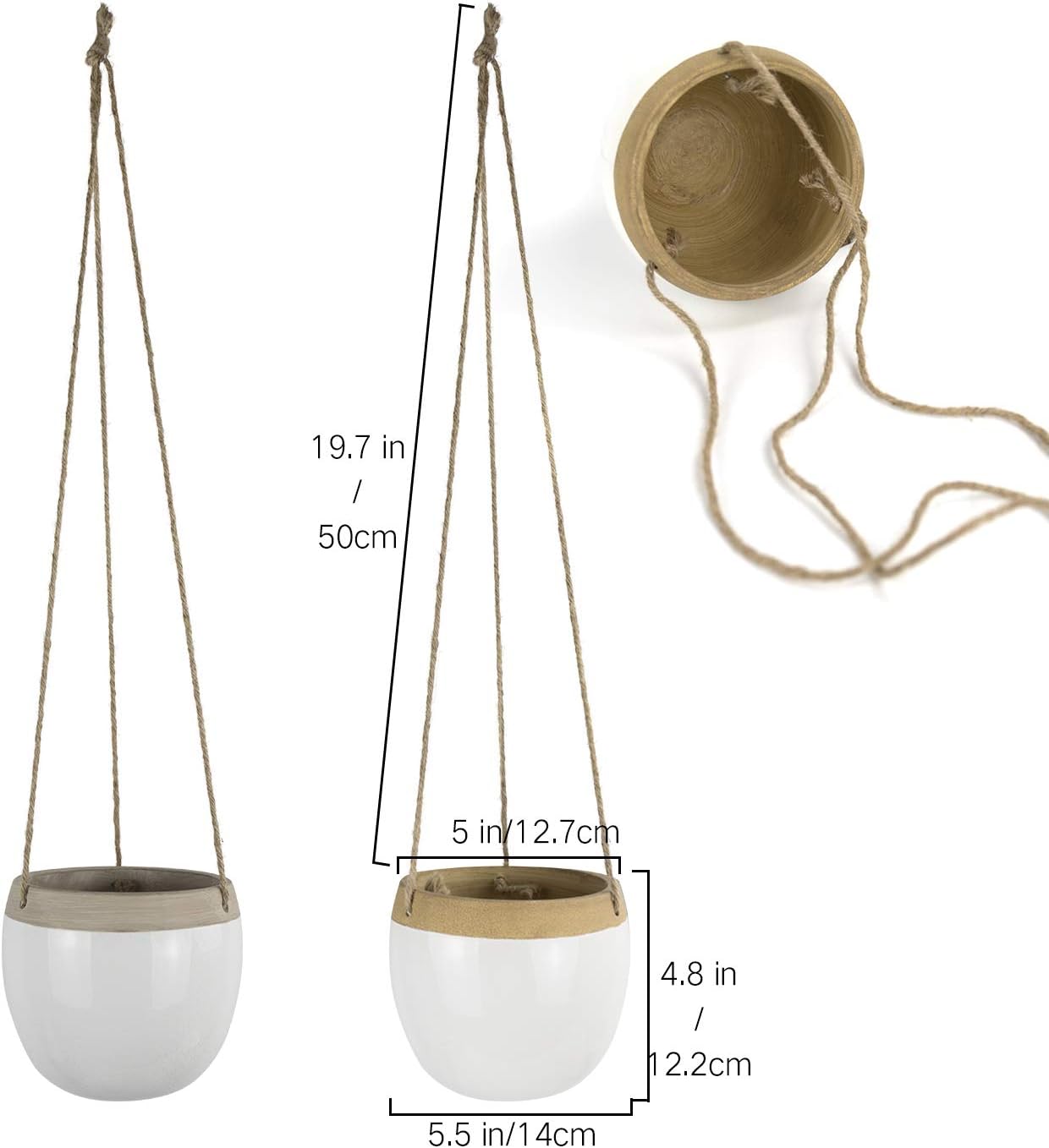 Ceramic Hanging Planters Plant Pots - 5.5 Inch White Indoor Hanging Pots Modern Plant Holder with Jute Rope for Succulents Cactus Herbs Small Plants, Home Decor Gift, Set of 2: Garden & Outdoor