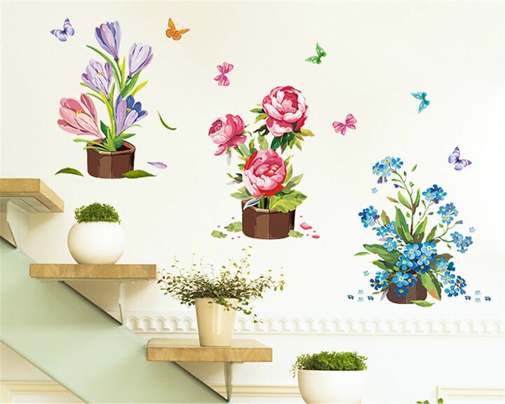 ufengke Serie Verde Giardino Bellissimi Cesti di Fiori e Farfalle ufengke Serie Verde Giardino Bellissimi Cesti di Fiori e Farfalle Adesivi Murali Camera da Letto Soggiorno Adesivi da Parete Removibili Stickers