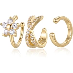 Ear Cuffs for Women Non Piercing - 3PCS Gold Clip On Earrings, 14K Gold Plated Adjustable Cuff Earrings for Women, Dainty Flo