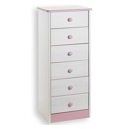 IDIMEX Kommode Hochschrank Anrichte Rondo, 6 Schubladen, Kiefer massiv, Weiss/rosa lackiert
