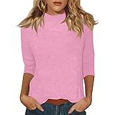 3/4 Sleeve Tops for Women Loose Fit Mock Neck Cute Shirts Casual Layering Three Quarter Sleeve Tops Woman Blouse