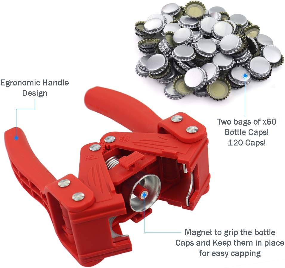 Bottle Capper Including 120 Free Caps for Home Brew Beer Making or Lemonade Glass Bottles - Easy to Cap, Red - Image 3